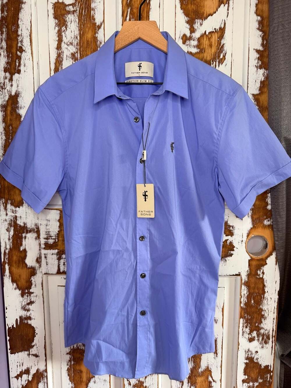 Father Sons Men’s Large Short Sleeve Button-Up Shirt Blue Stretch Slim Fit